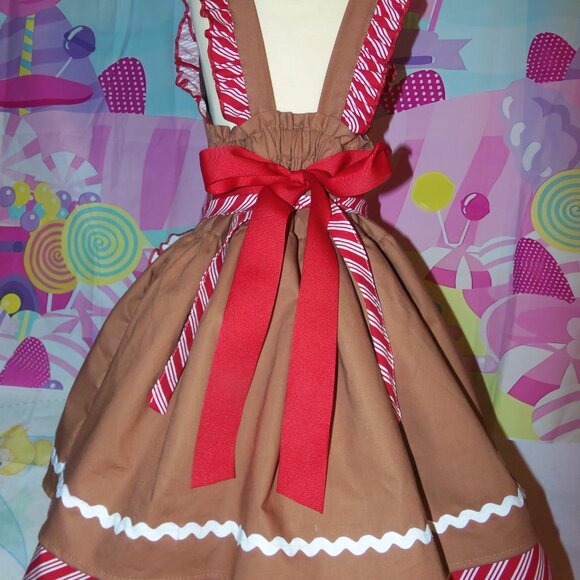 Gingerbread Cookies Christmas Party New Year Party Kids Girl Dress Apron Bow - Picture 5 of 7